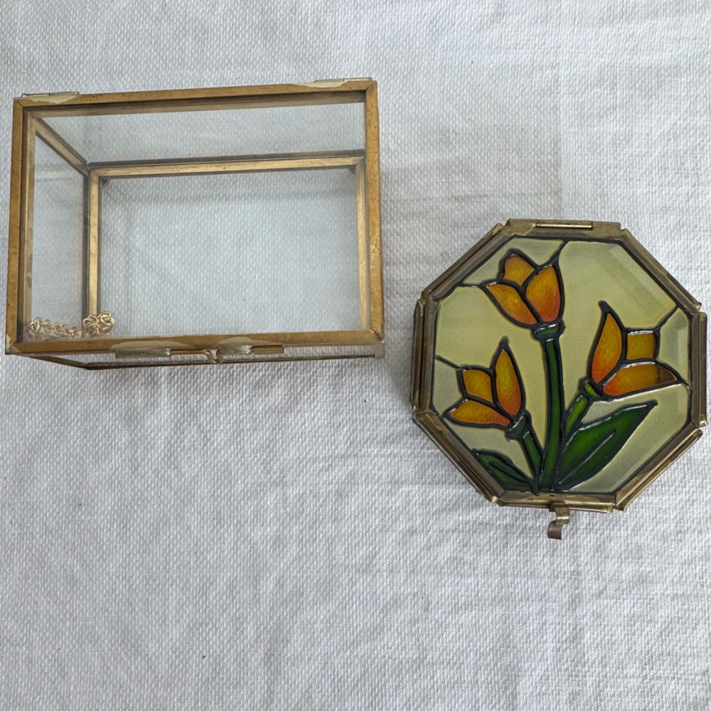 Brass and stained glass octagonal jewelry box with floral design + square box